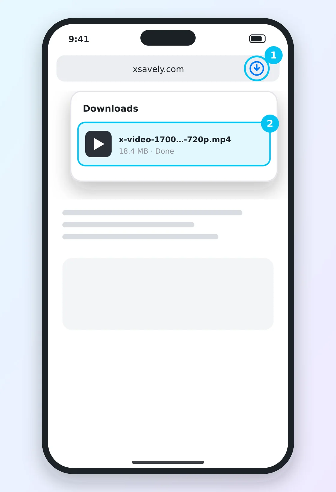 Safari di iPhone dengan panah unduhan terbuka dan file MP4 di dalam daftar