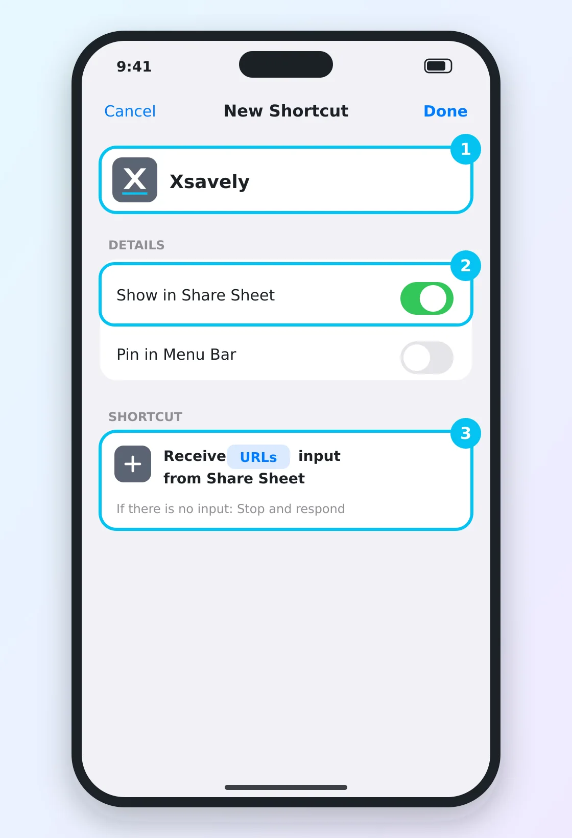 اختصار جديد باسم Xsavely مع تفعيل إظهار في ورقة المشاركة واختيار URLs
